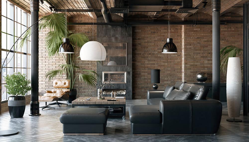 Living room loft in industrial style ,3d render