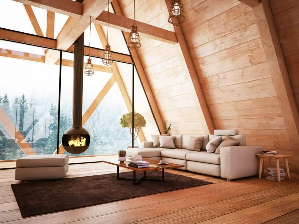 Corner fireplace in Scandi inspired home decor