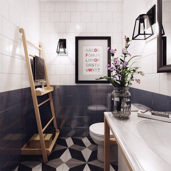 Scandinavian style bathroom with multifunctional shelf