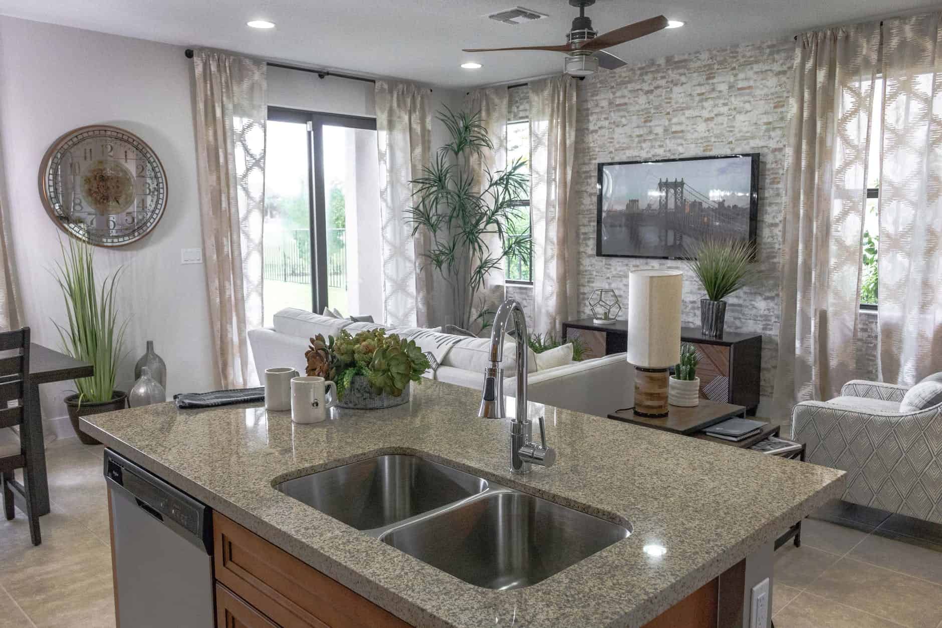 kitchen counter and living room